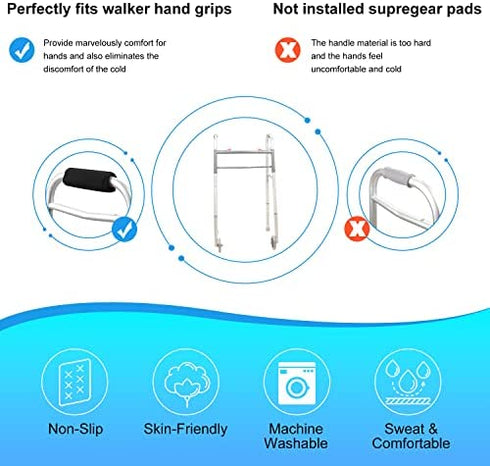 supregear Walker Grips (2 Pack), Soft Padded Hand Covers, Non-Slip Comfortable Cushion Padding for Folding Rolling Wheelchair Rollator Crutch Handle, Moisture Wicking Mobility Accessory, Black